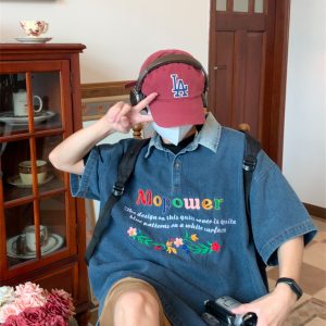 Colorful Letter Embroidered Denim Polo Shirt - Retro 90s Style Turn-Down Collar, Loose BF Fit, Casual Short Sleeve for Summer 2024