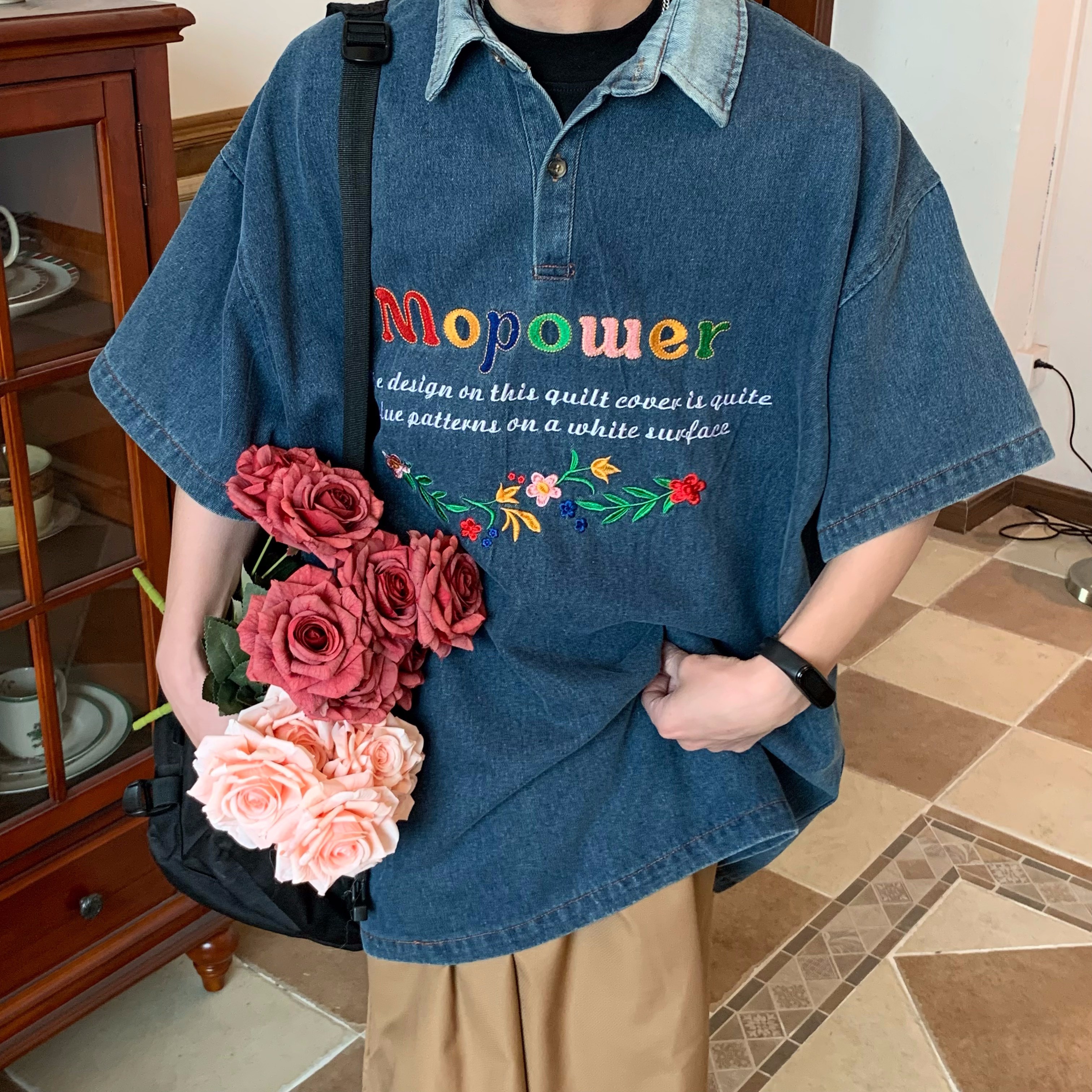 Colorful Letter Embroidered Denim Polo Shirt - Retro 90s Style Turn-Down Collar, Loose BF Fit, Casual Short Sleeve for Summer 2024