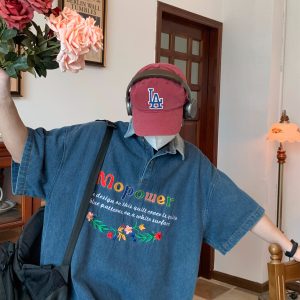 Colorful Letter Embroidered Denim Polo Shirt - Retro 90s Style Turn-Down Collar, Loose BF Fit, Casual Short Sleeve for Summer 2024