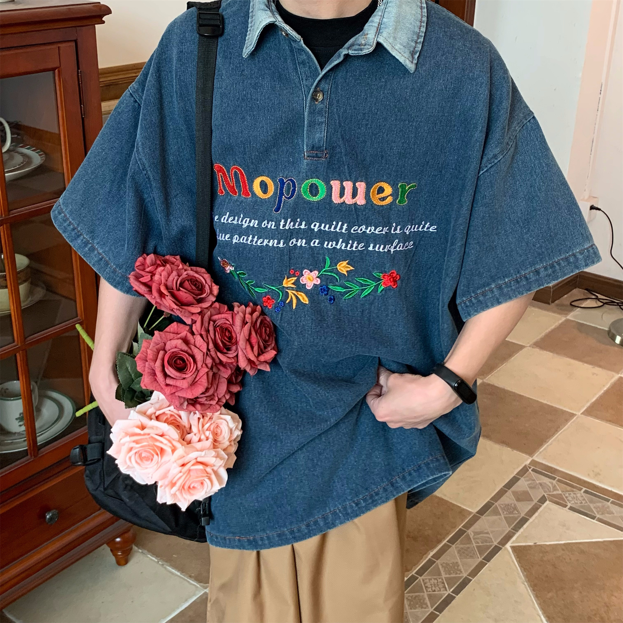 Colorful Letter Embroidered Denim Polo Shirt - Retro 90s Style Turn-Down Collar, Loose BF Fit, Casual Short Sleeve for Summer 2024