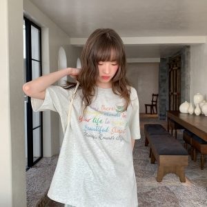 Colorful Letter Print Short Sleeve T-Shirt for Women - Summer Loose Slimming Top, Trendy Niche Design, Casual Streetwear Fashion