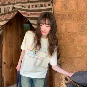 Colorful Letter Print Short Sleeve T-Shirt for Women - Summer Loose Slimming Top, Trendy Niche Design, Casual Streetwear Fashion