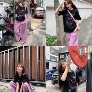 Colorful Panda Print Loose Fit T-Shirt for Women - Summer Short and Long Sleeve Top, Petite Style, Cute Casual Wear