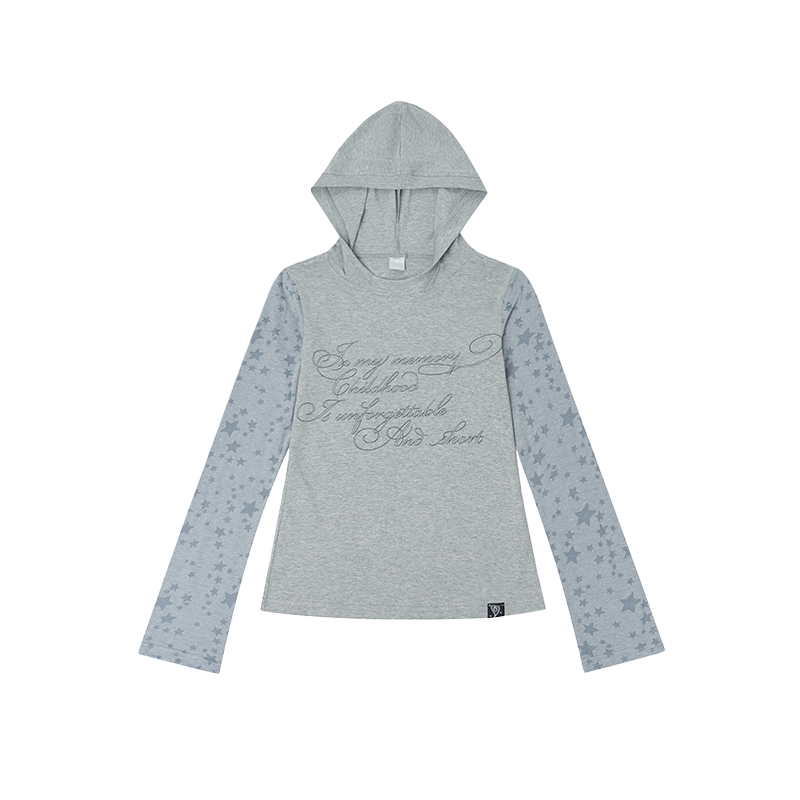 Colorful Patchwork Long Sleeve Hoodie T-Shirt with Random Star Print - Black, White, Gray Casual Style