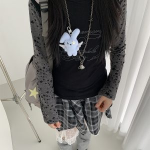 Colorful Patchwork Long Sleeve Hoodie T-Shirt with Random Star Print - Black, White, Gray Casual Style