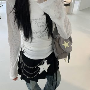 Colorful Patchwork Long Sleeve Hoodie T-Shirt with Random Star Print - Black, White, Gray Casual Style