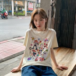 Colorful Printed Loose Short Sleeve T-shirt for Women - Fun Spring 2025 Slim Top, Casual 90s Style