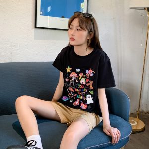 Colorful Printed Loose Short Sleeve T-shirt for Women - Fun Spring 2025 Slim Top, Casual 90s Style