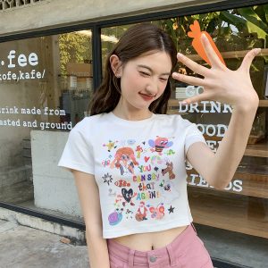Colorful Printed Loose Short Sleeve T-shirt for Women - Fun Spring 2025 Slim Top, Casual 90s Style