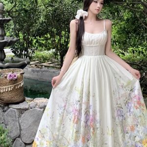 Colorful Rainbow Handmade Tailored Heavy Print Strap Dress with Waist-Cinching Slimming Long Skirt - Boho Style, Summer Fashion