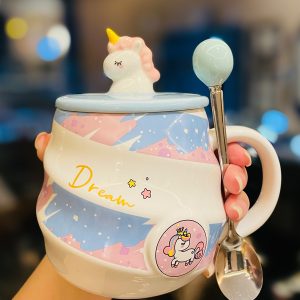 Colorful Rainbow Unicorn Ceramic Mug with Lid and Spoon, Cute Girly Water Cup for Office or Home Coffee