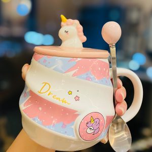 Colorful Rainbow Unicorn Ceramic Mug with Lid and Spoon, Cute Girly Water Cup for Office or Home Coffee