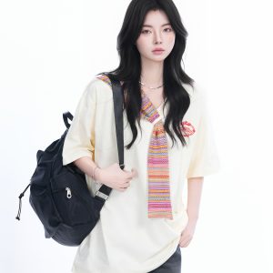 Colorful Spliced Apricot Short Sleeve T-Shirt for Women, Loose Fit, Half Sleeves, Trendy Y2K Style