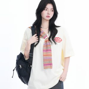 Colorful Spliced Apricot Short Sleeve T-Shirt for Women, Loose Fit, Half Sleeves, Trendy Y2K Style