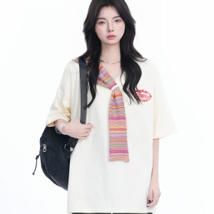 Colorful Spliced Apricot Short Sleeve T-Shirt for Women, Loose Fit, Half Sleeves, Trendy Y2K Style