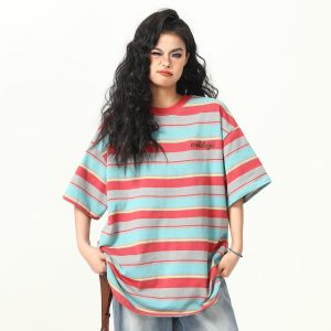 Colorful Striped Short Sleeve T-Shirt for Women - Vintage American Style, Loose Fit Summer Top, 90s Inspired Fashion
