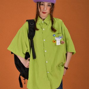 Colorful Versatile Short Sleeve Shirt for Couples - Loose Fit Candy Color Half Sleeve Top - Trendy Casual Streetwear