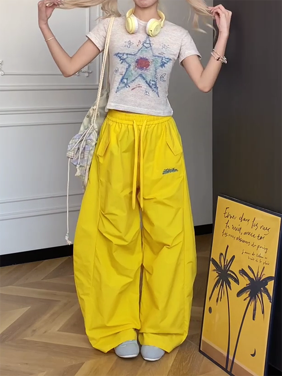 Colorful Wide-Leg Cargo Pants for Women - Summer Jazz Dance Parachute Style, American High Street Casual Outfit Colorful Wide-Leg Cargo Pants for Women - Summer Jazz Dance Parachute Style, American High Street Casual Outfit