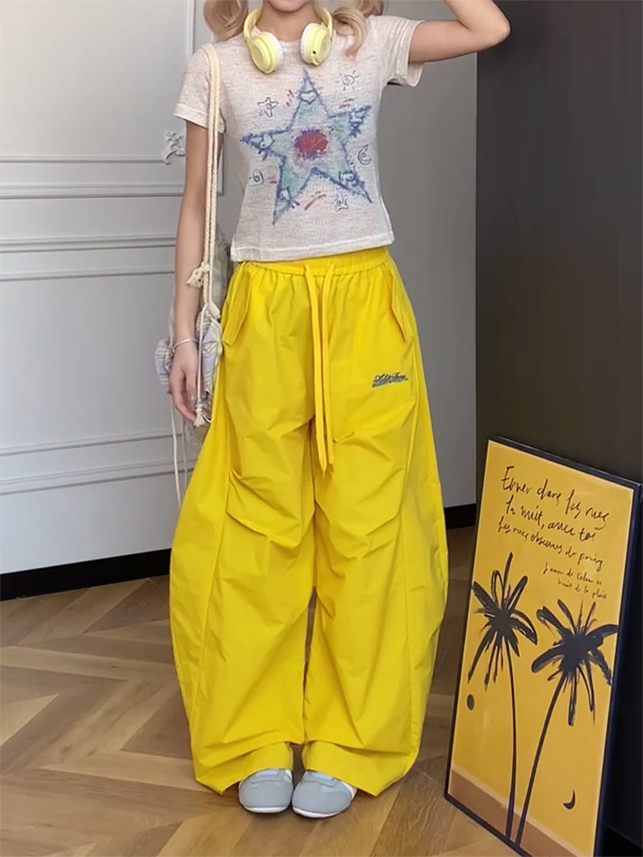 Colorful Wide-Leg Cargo Pants for Women - Summer Jazz Dance Parachute Style, American High Street Casual Outfit Colorful Wide-Leg Cargo Pants for Women - Summer Jazz Dance Parachute Style, American High Street Casual Outfit