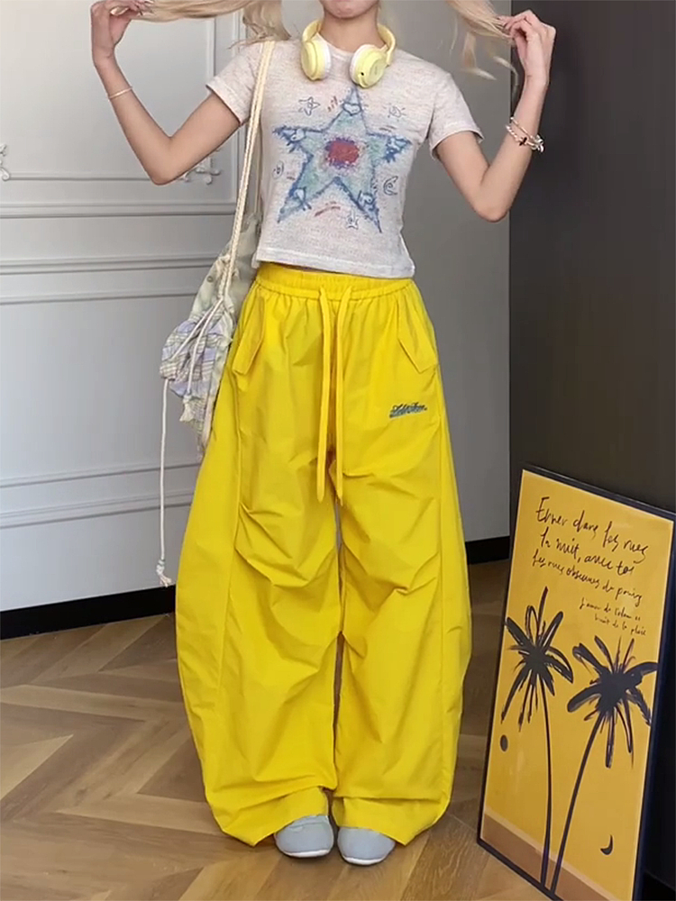 Colorful Wide-Leg Cargo Pants for Women - Summer Jazz Dance Parachute Style, American High Street Casual Outfit Colorful Wide-Leg Cargo Pants for Women - Summer Jazz Dance Parachute Style, American High Street Casual Outfit