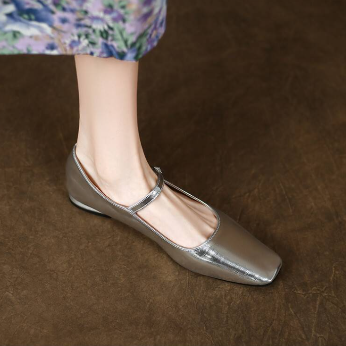 Comfortable Genuine Leather Mary Jane Flat Shoes with Square Toe and Single Buckle - Stylish Everyday Footwear