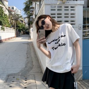 Contrast Color Letter Embroidery Round Neck Short Sleeve T-Shirt for Women - Loose Slimming Summer 2025 Style, Casual Fashion Essential