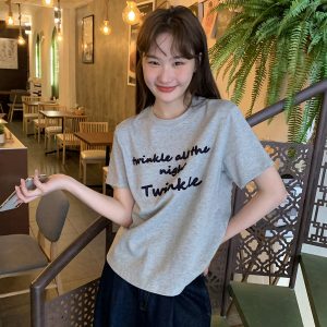Contrast Color Letter Embroidery Round Neck Short Sleeve T-Shirt for Women - Loose Slimming Summer 2025 Style, Casual Fashion Essential