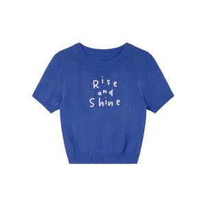 Contrast Color Letter Embroidery Short-Sleeve Knitted Top for Women - Spring/Summer 2023, Slightly Loose Fit T-Shirt