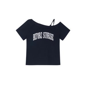 Contrast Color Letter Print Asymmetrical Shoulder Short Sleeve T-Shirt for Women - Summer 2025 Casual Versatile Top, Y2K Style