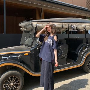 Contrast Color Letter Print Asymmetrical Shoulder Short Sleeve T-Shirt for Women - Summer 2025 Casual Versatile Top, Y2K Style