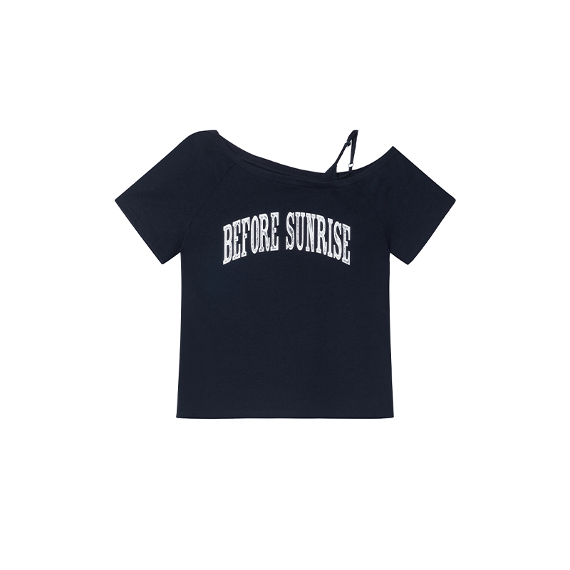 Contrast Color Letter Print Asymmetrical Shoulder Short Sleeve T-Shirt for Women - Summer 2025 Casual Versatile Top, Y2K Style