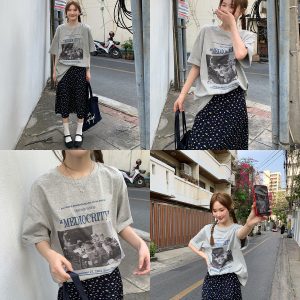 Contrast Color Portrait Print Round Neck Short Sleeve T-Shirt for Women - Loose Fit Pure Cotton Summer Style 2025