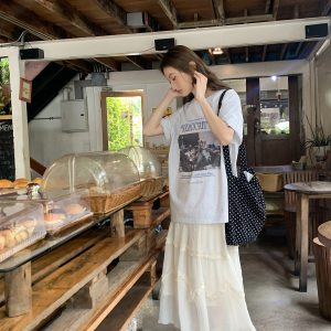 Contrast Color Portrait Print Round Neck Short Sleeve T-Shirt for Women - Loose Fit Pure Cotton Summer Style 2025