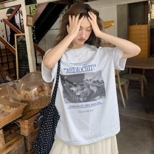 Contrast Color Portrait Print Round Neck Short Sleeve T-Shirt for Women - Loose Fit Pure Cotton Summer Style 2025