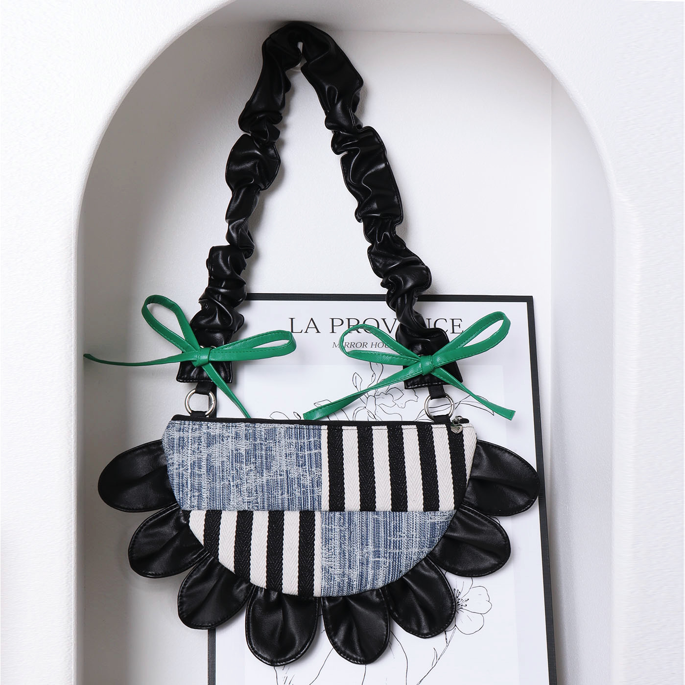 Contrasting Color Floral Underarm Bag - Spliced Denim Bow Half-Moon Crossbody Bag for Autumn & Winter, Niche Design Contrasting Color Floral Underarm Bag - Spliced Denim Bow Half-Moon Crossbody Bag for Autumn & Winter, Niche Design