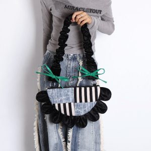 Contrasting Color Floral Underarm Bag - Spliced Denim Bow Half-Moon Crossbody Bag for Autumn & Winter, Niche Design