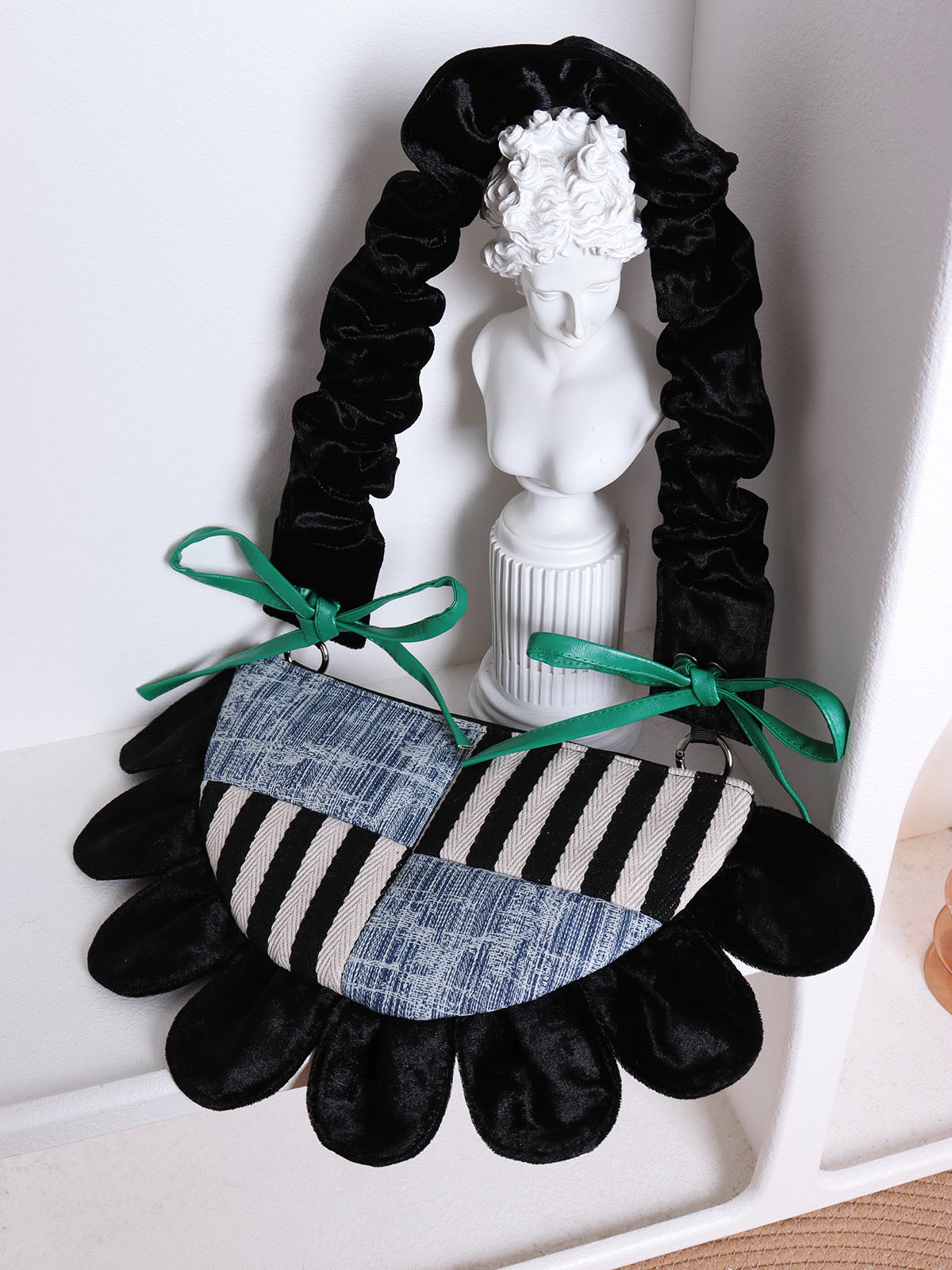 Contrasting Color Floral Underarm Bag - Spliced Denim Bow Half-Moon Crossbody Bag for Autumn & Winter, Niche Design Contrasting Color Floral Underarm Bag - Spliced Denim Bow Half-Moon Crossbody Bag for Autumn & Winter, Niche Design