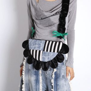 Contrasting Color Floral Underarm Bag - Spliced Denim Bow Half-Moon Crossbody Bag for Autumn & Winter, Niche Design