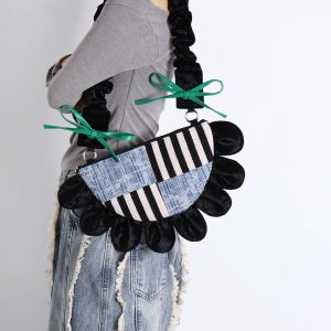 Contrasting Color Floral Underarm Bag - Spliced Denim Bow Half-Moon Crossbody Bag for Autumn & Winter, Niche Design