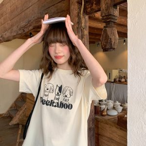 Contrasting Color Striped Dog Foam Printed Short-Sleeve T-Shirt for Women - Summer High-End Round Neck Top, Trendy Fashion 90s Style