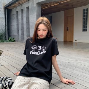 Contrasting Color Striped Dog Foam Printed Short-Sleeve T-Shirt for Women - Summer High-End Round Neck Top, Trendy Fashion 90s Style