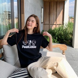 Contrasting Color Striped Dog Foam Printed Short-Sleeve T-Shirt for Women - Summer High-End Round Neck Top, Trendy Fashion 90s Style