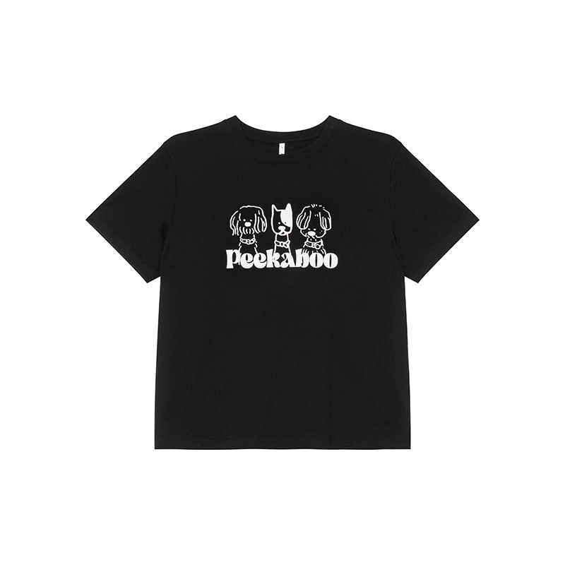 Contrasting Color Striped Dog Foam Printed Short-Sleeve T-Shirt for Women - Summer High-End Round Neck Top, Trendy Fashion 90s Style