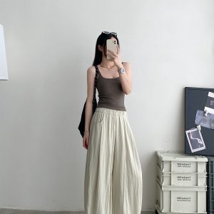 Cool Feel Wide-Leg Pants in Water-Washed Faux Tencel - Soft, Heavy-Duty Casual Long Pants with Lazy Tone Design