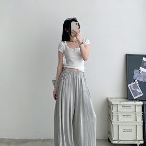 Cool Feel Wide-Leg Pants in Water-Washed Faux Tencel - Soft, Heavy-Duty Casual Long Pants with Lazy Tone Design