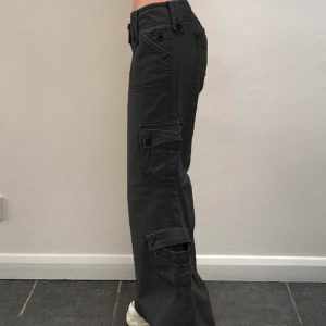 Cool Girl Low Waist Cargo Pants for Women, Edgy Androgynous Multi-Pocket Vintage Wide-Leg Straight Pants, Y2K Heavy-Duty Style
