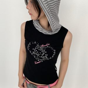 Cool Girl Summer Hooded Sleeveless Vest - Casual Printed Tee Top for Y2K Style