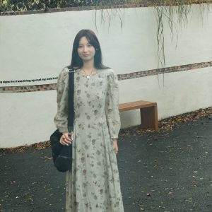 Cool Sky Blue Silk Linen Dress for Women, Vintage Autumn Puff Sleeve, Waist-Defined Long Dress, Y2K Fashion, Elegant Casual Wear