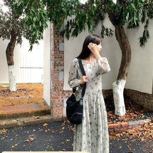 Cool Sky Blue Silk Linen Dress for Women, Vintage Autumn Puff Sleeve, Waist-Defined Long Dress, Y2K Fashion, Elegant Casual Wear