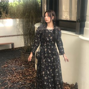 Cool Sky Blue Silk Linen Dress for Women, Vintage Autumn Puff Sleeve, Waist-Defined Long Dress, Y2K Fashion, Elegant Casual Wear